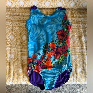 GK Elite Blue and Purple Floral One Piece Leotard